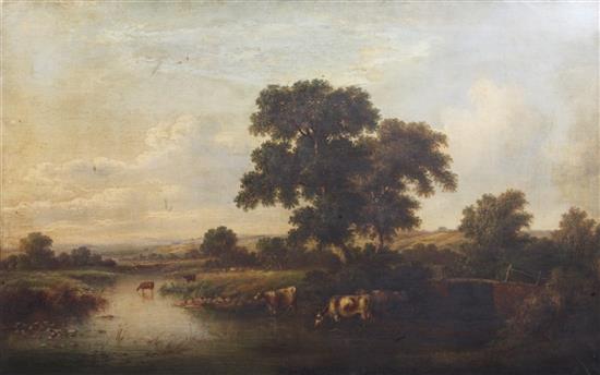 Lionel Bicknell Constable (1828-1887) Extensive landscape with cattle watering, 26 x 42in.